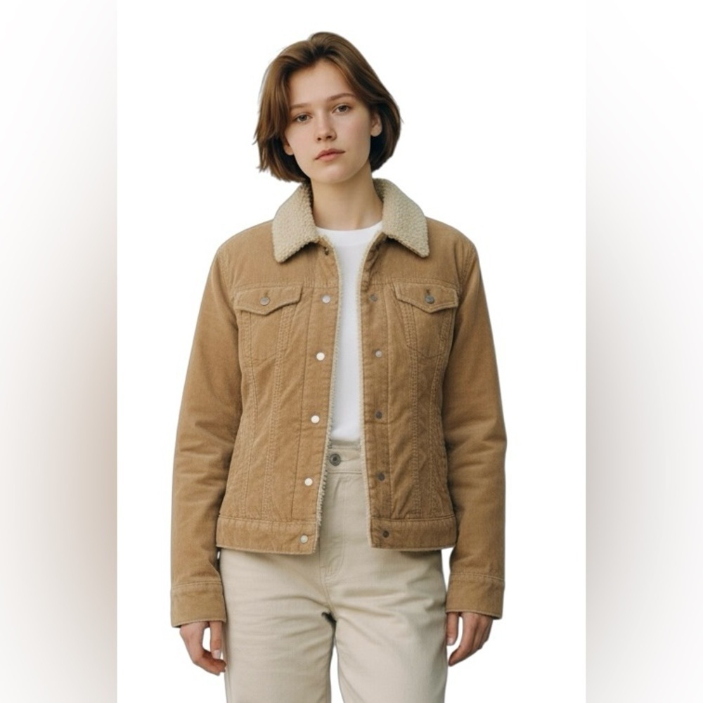 Y2K Gap Corduroy Sherpa Lined Trucker Jacket Sz L Tan Button Up Western Rodeo